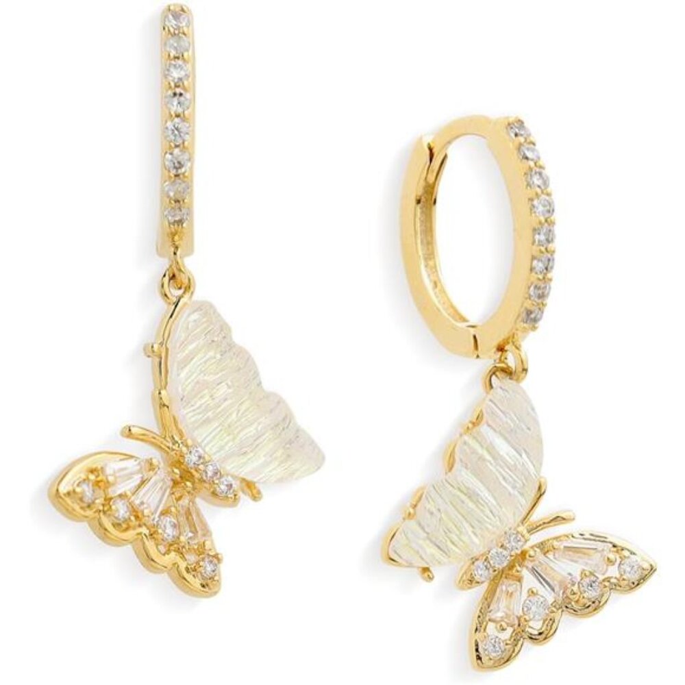 Dainty Butterfly Hoop Earrings | 18K Gold Plated Huggies | Rainbow Opal